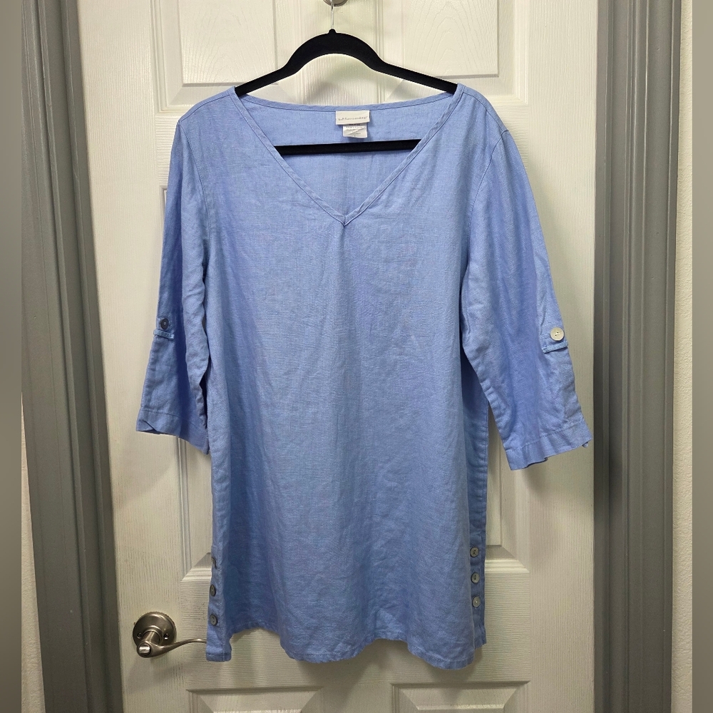 Soft Surroundings Light Blue Linen Blouse Lagenlook Boho Resortwear Vacay Large